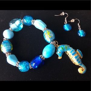 Glass bead earrings & seahorse charm bracelet